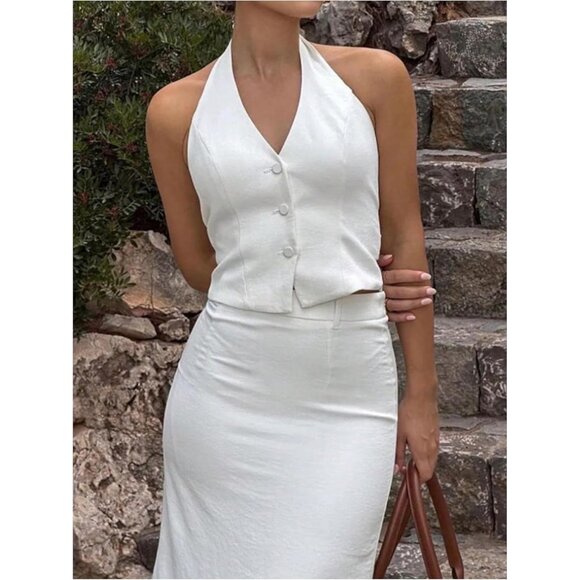Women's Backless Halter Crop Vest Button Up V Neck Dressy Going Out Suit Top - Picture 4 of 6